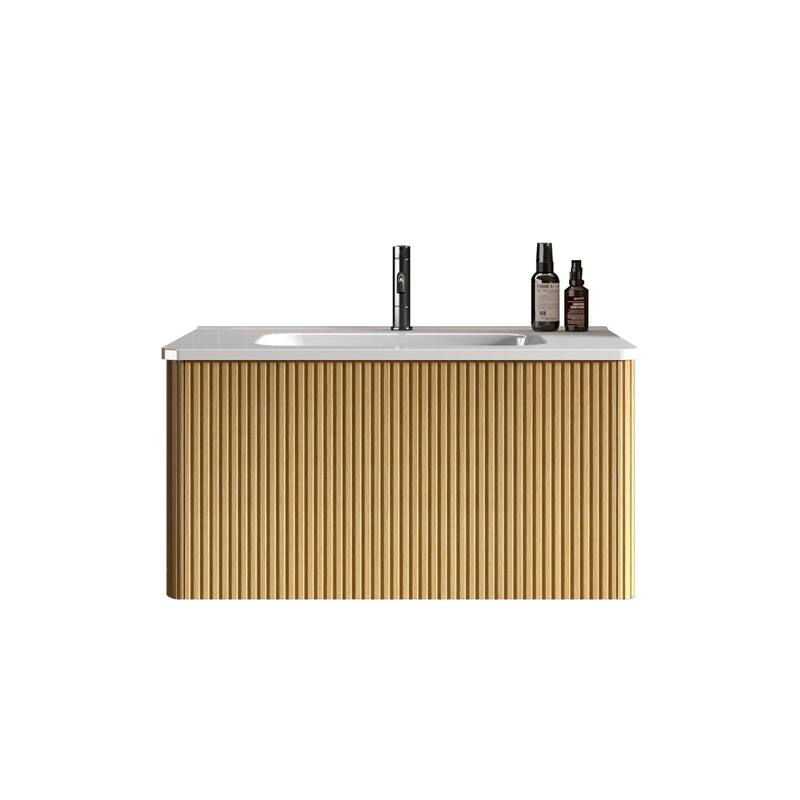 30" Striped Oak Wall Mounted Floating Bathroom Vanity with Ceramic Sink